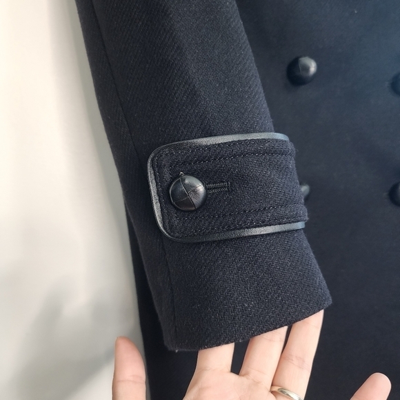 Theory Black Wool Double Breasted Loan Coat Peacoat Contrast Trim - Picture 9 of 12